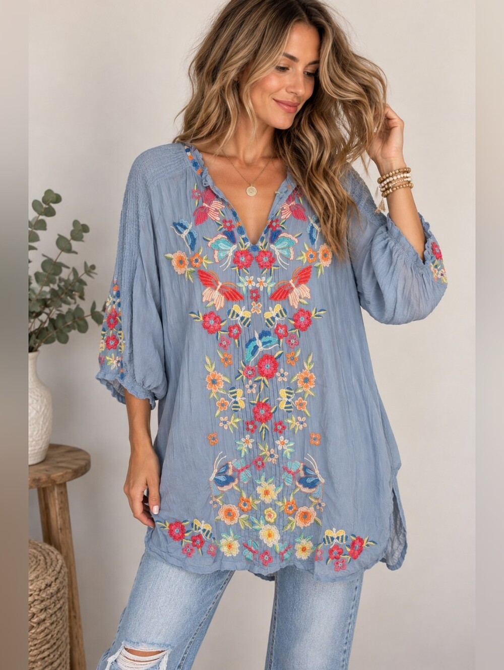 Johnny Was Leona Embroidered Tunic Blouse Size L Blue Floral Boho Top